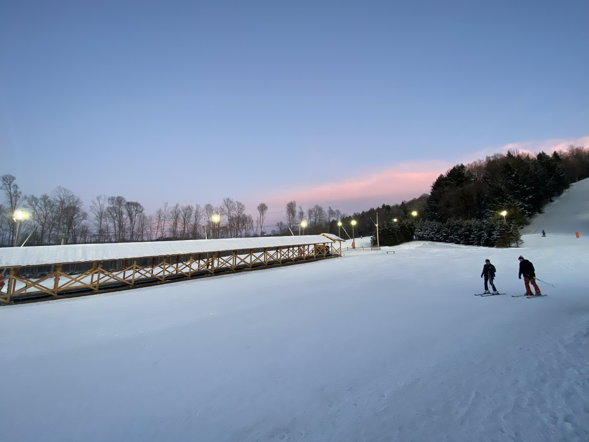 a group of people riding skis across snow covered ground