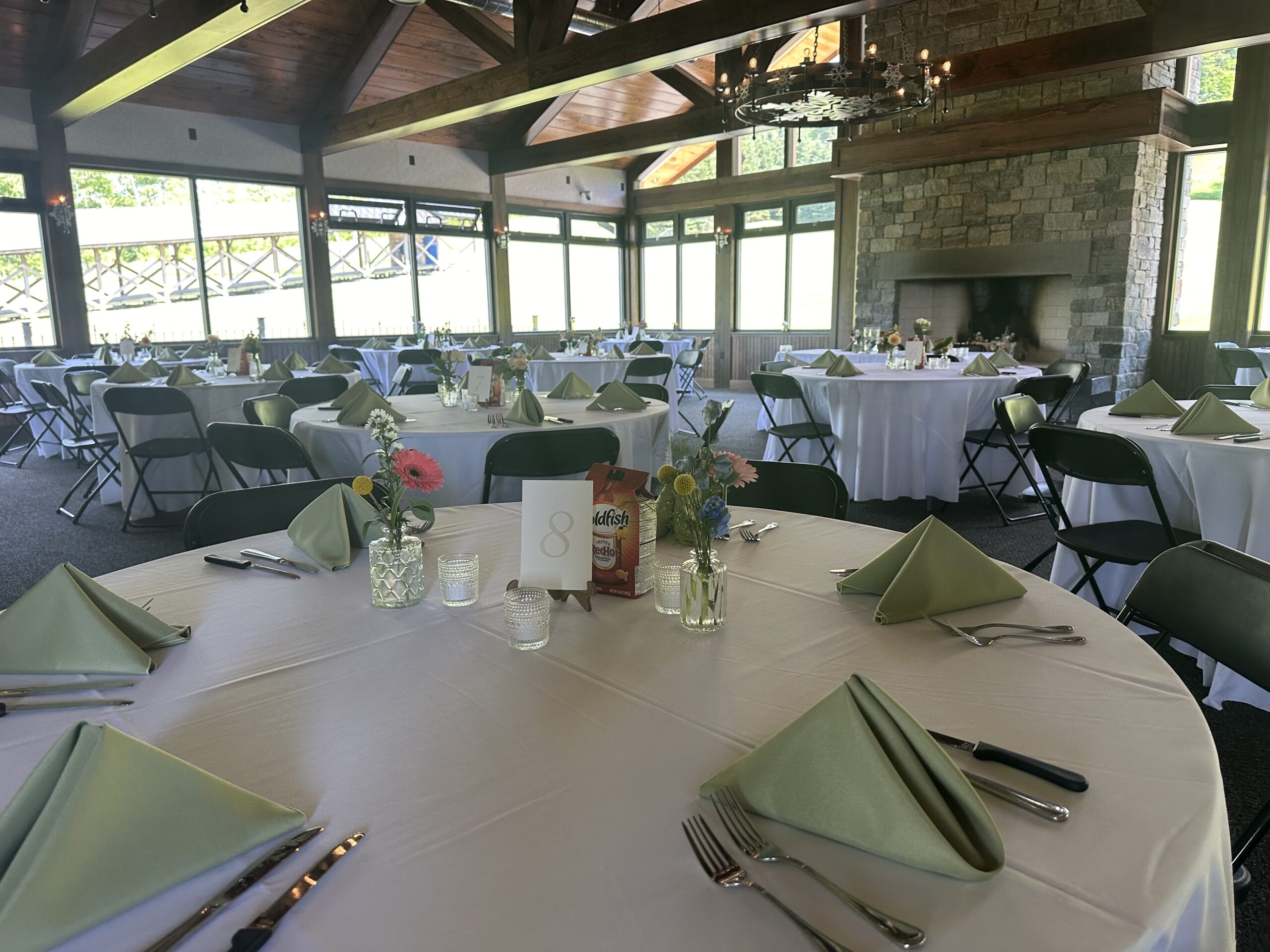 a dining room table in front of a building